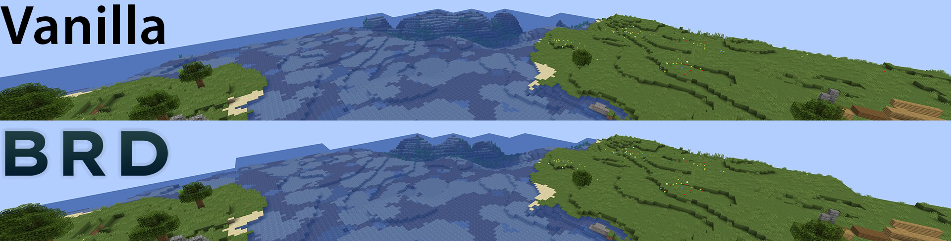 Comparison between Vanilla render distance and BRD render distance.