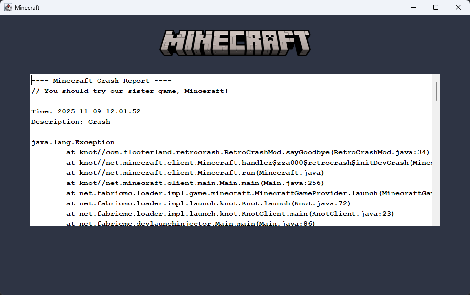 Screenshot of the Minecraft Beta crash screen
