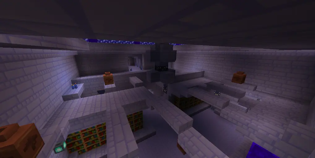 a library with walls made of a light blue stone brick