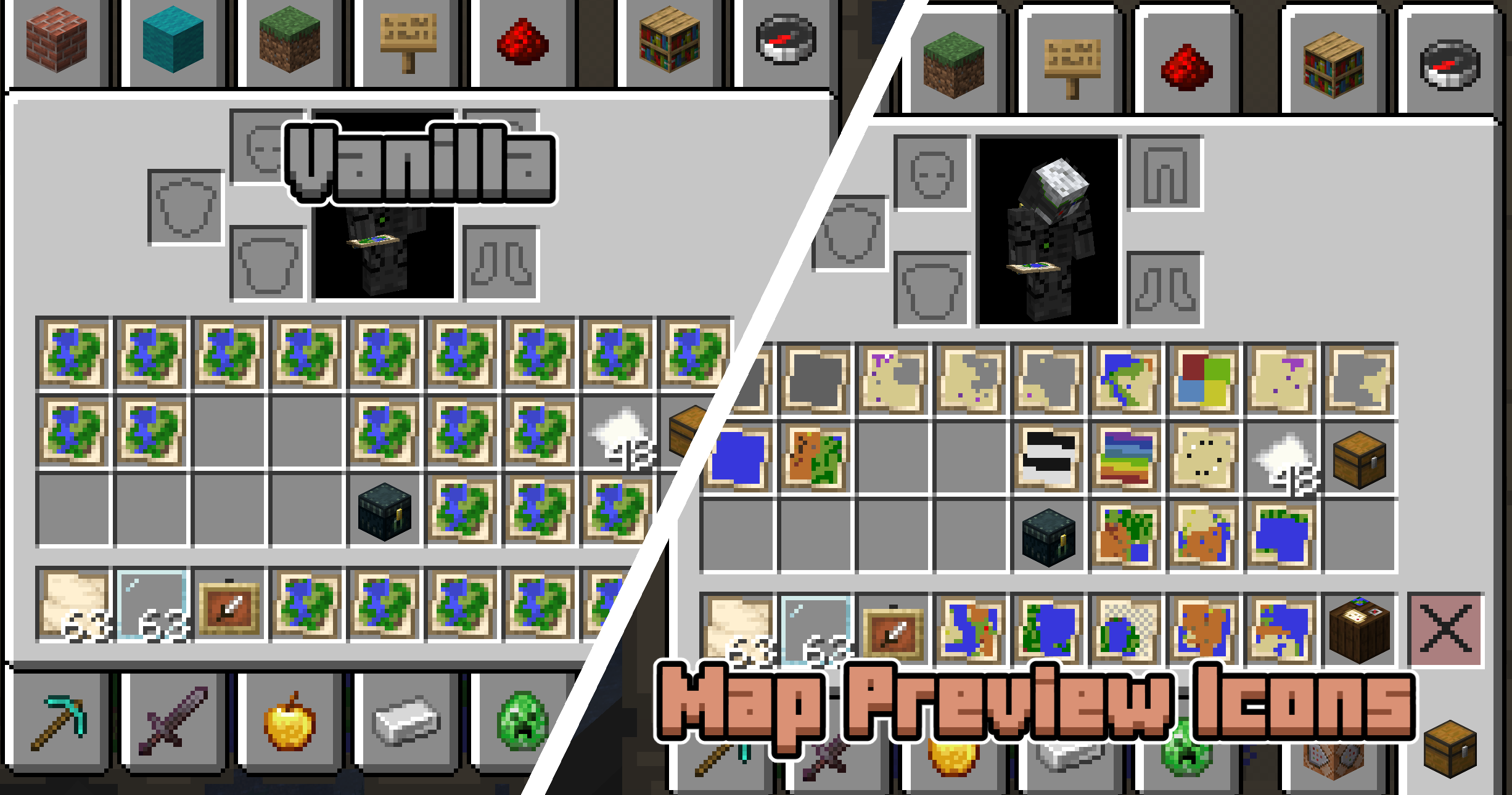 Left: all maps look the same. Right: each map shows a preview so you can tell them apart.