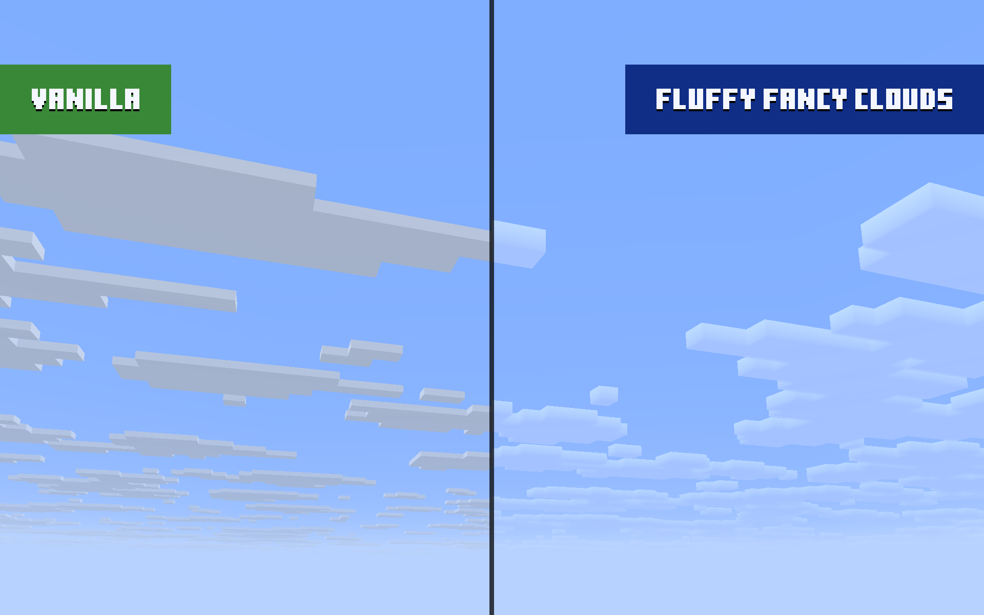 A comparison between Vanilla clouds on the left, and Fluffy Fancy Clouds on the right
