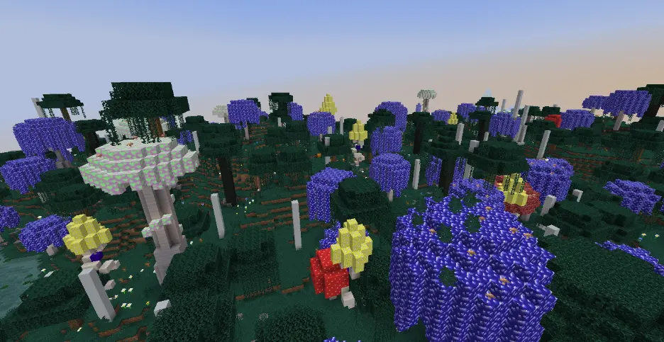 swamp like biome with a variety of glowing mushrooms