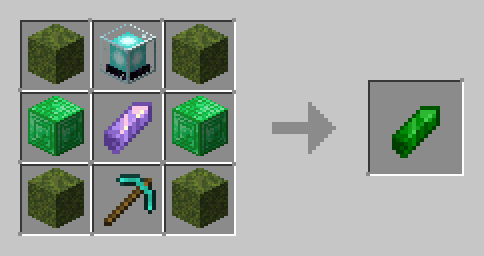 Amethyst shard in center, Four moss blocks in the corner, beacon top middle, diamond pickaxe bottom middle, rest, two emerald blocks