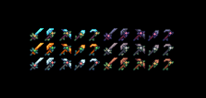 An image showing every base minecraft tool, retextured in a flowery overgrow theme.