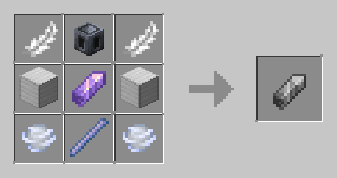 Amethyst shard in center, two feathers in top corners, two windcharges in bottom corners, heavy core top middle, breeze rod bottom middle, rest, two iron blocks
