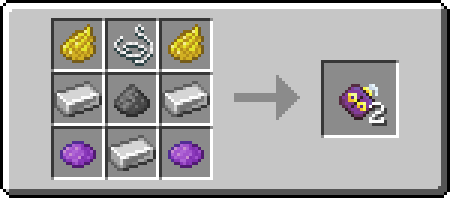 The recipe for Wacky Bombs, containing three Iron Ingots, two Purple Dye, two Yellow Dye, some String and one Gunpowder in the center.