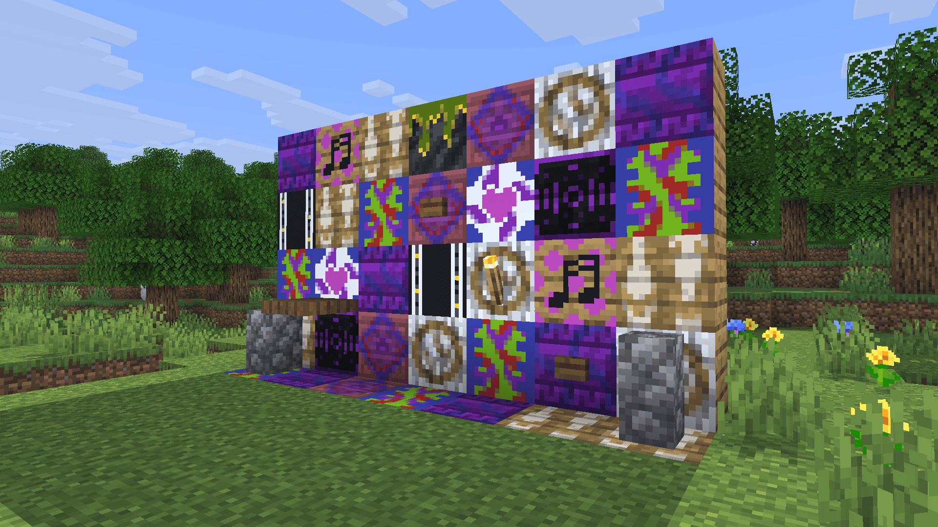 a bunch of wallpapers with different designs on oak planks. there is a torch, 2 buttons, a trapdoor, and 2 cobble walls against the wall.