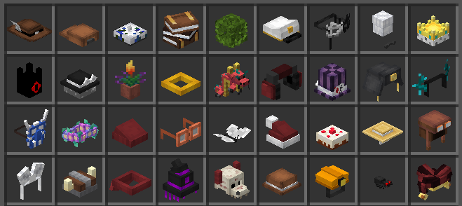 Showcase of all the hats available in the resourcepack as of the most recent version, that being, in order:Duelist's hat Bad boy cap Artistic berete Library Bookstack Super sneaky bush-hat Sea-captain's hat Carnival mask Mastershef's hat Jeweled crown Crown of the cult Solemn draped hat Potted torchflower The Legendary Xiaolong plushie Gameing Headset Showmaster's tophat Winter ushanka Sculk Tendrils Mysterious spirit's mask Dreamy Flower crown Cozy Beanie Square Glasses Scerene Flutterby Holiday Hat Deco Cake Straw hat Pilot's cap Cute Bow Historic Helmet Replica Badass Bandana Arcane Hat Bewitching Skull Fedora Hard Hat Itty-bitty Spider Jester Hat