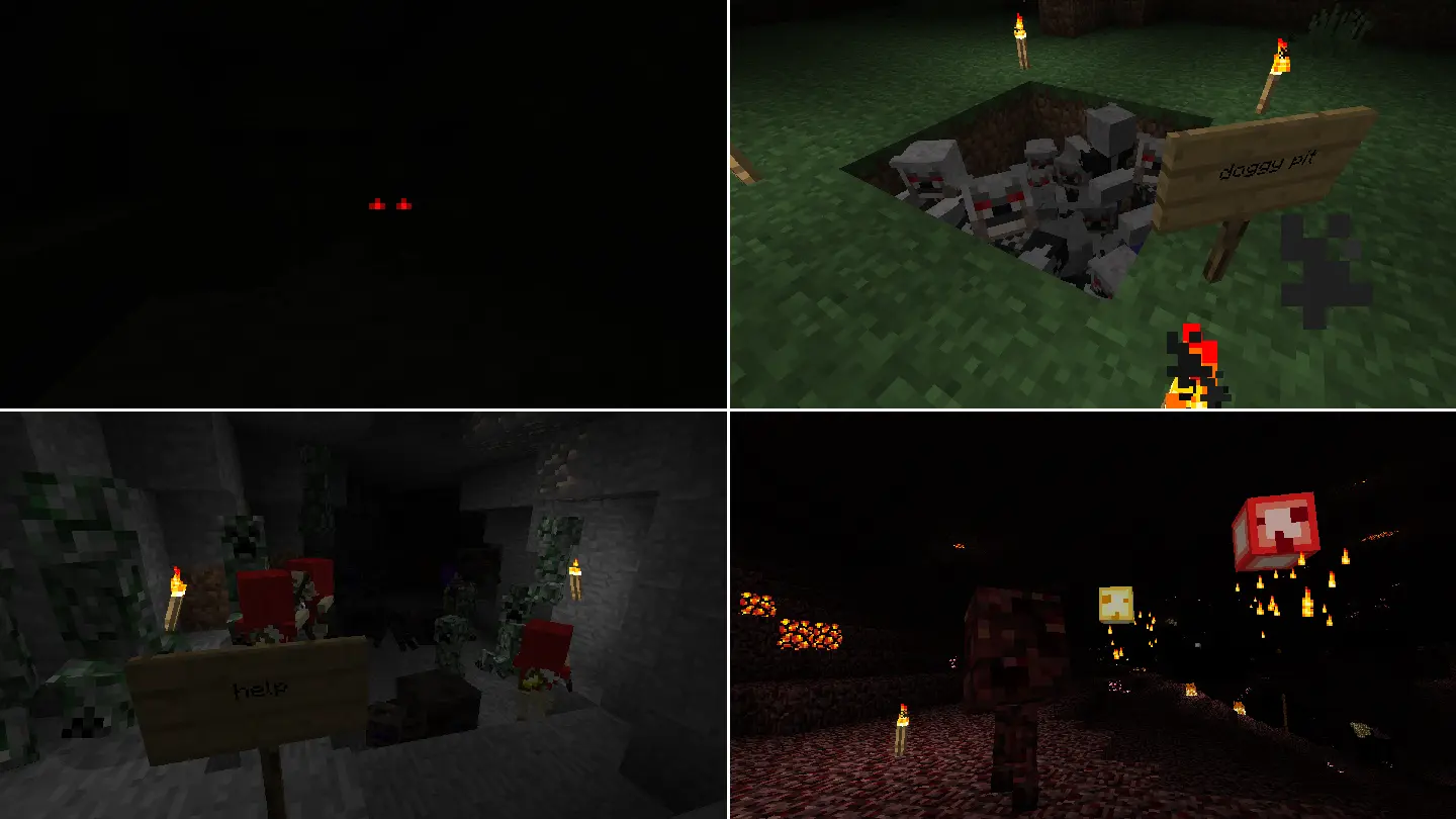Four screenshots, one containing a shade in a pitch black cave, one with a pit full of werewolves, one with a cave full of deepers, elder skeletons, and mother spiders, and one in the nether being chased by a popper and two wisps.