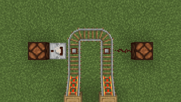 An empty minecart passes a detector rail with a comparator and results in no signal; then, one with a player passes and the comparator outputs signal.