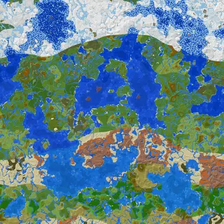 Top down map of a world generated using Northbound, showing colder biomes to the north and warmer biomes near the south.