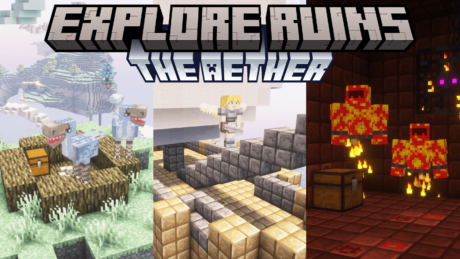 mod logo with three pictures of dungeons