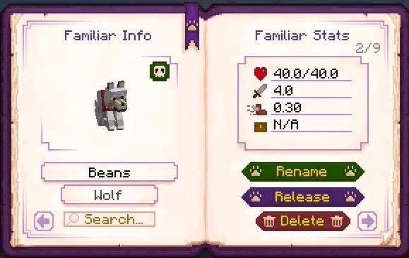 An in-game screenshot of the book UI showing a tamed wolf on the left page with his name "Beans" and entity type "Wolf", along with a search box. The right page has his stats for health, damage, movement speed and item count, along with a release, rename, and delete button.