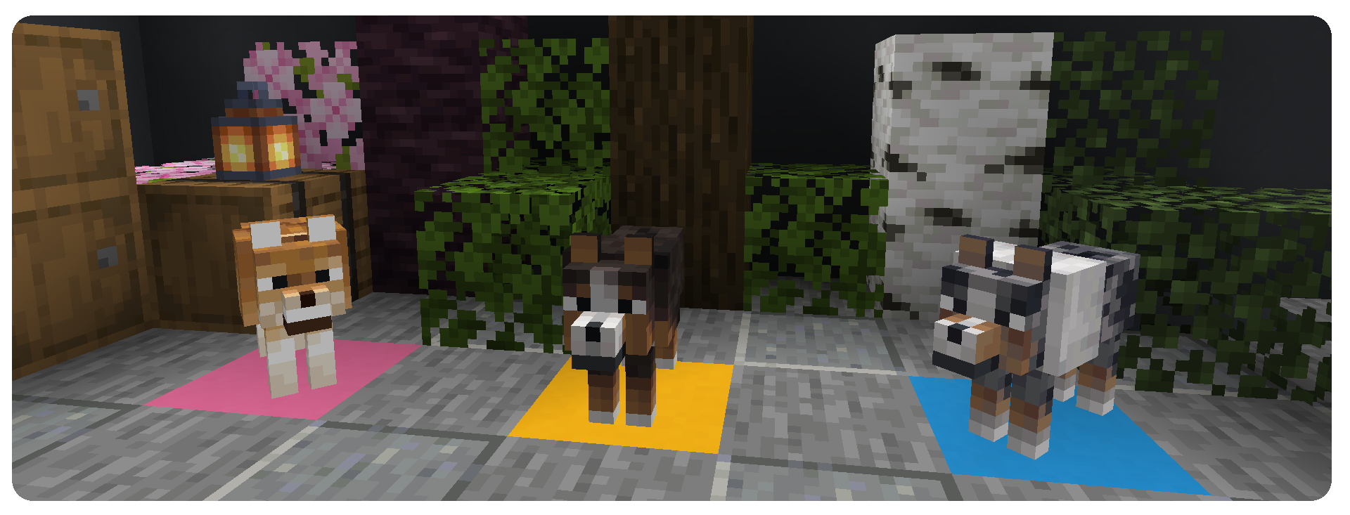 Three dogs sitting on top of a stone floor with logs and leaves behind them. The first dog has a golden coat, behind it are cherry leaves and logs. The second dog is black, brown and white, behind it are dark oak leaves and logs. The last dog has a merle coat pattern, behind it are birch leaves and logs.