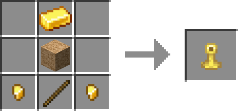 badge stand recipe : one ingot (gold/iron/copepr/netherite), one cork block, two gold nugget, one stick.