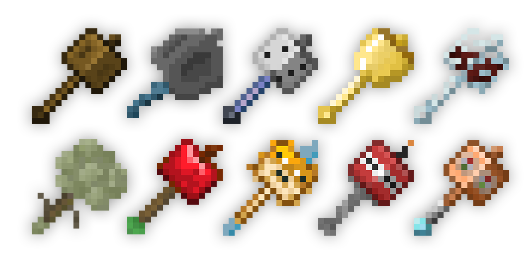 All 10 Maces on a white background