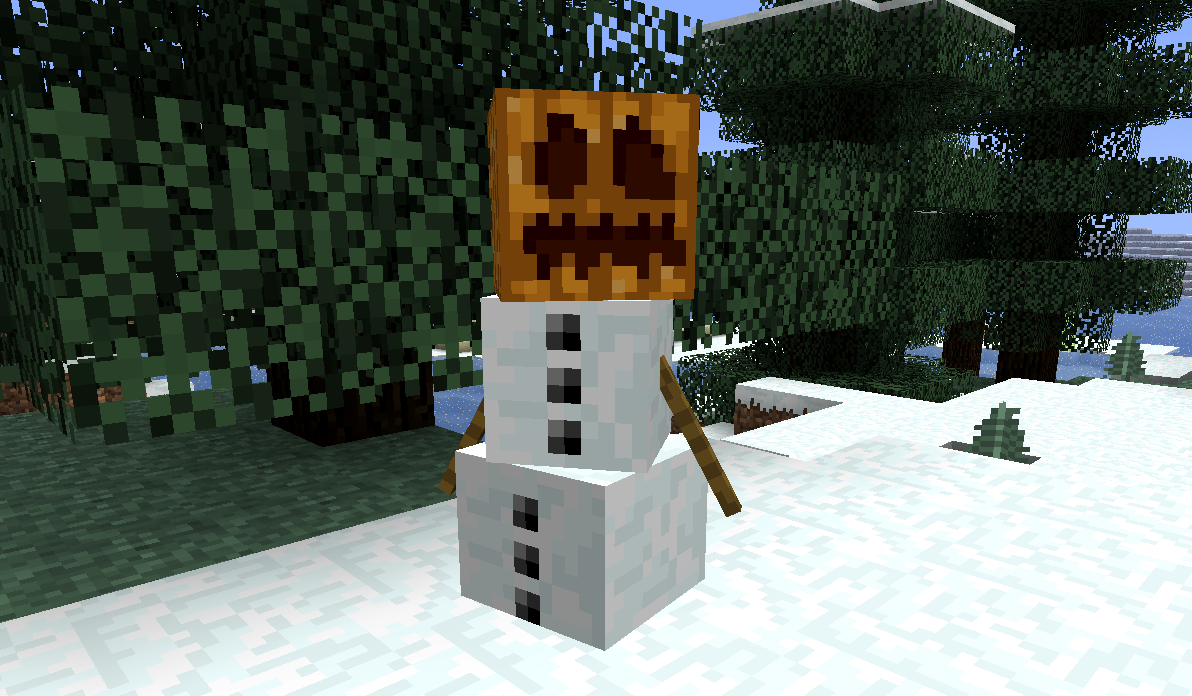 A screenshot of a snow golem looking at the player in a taiga biome.