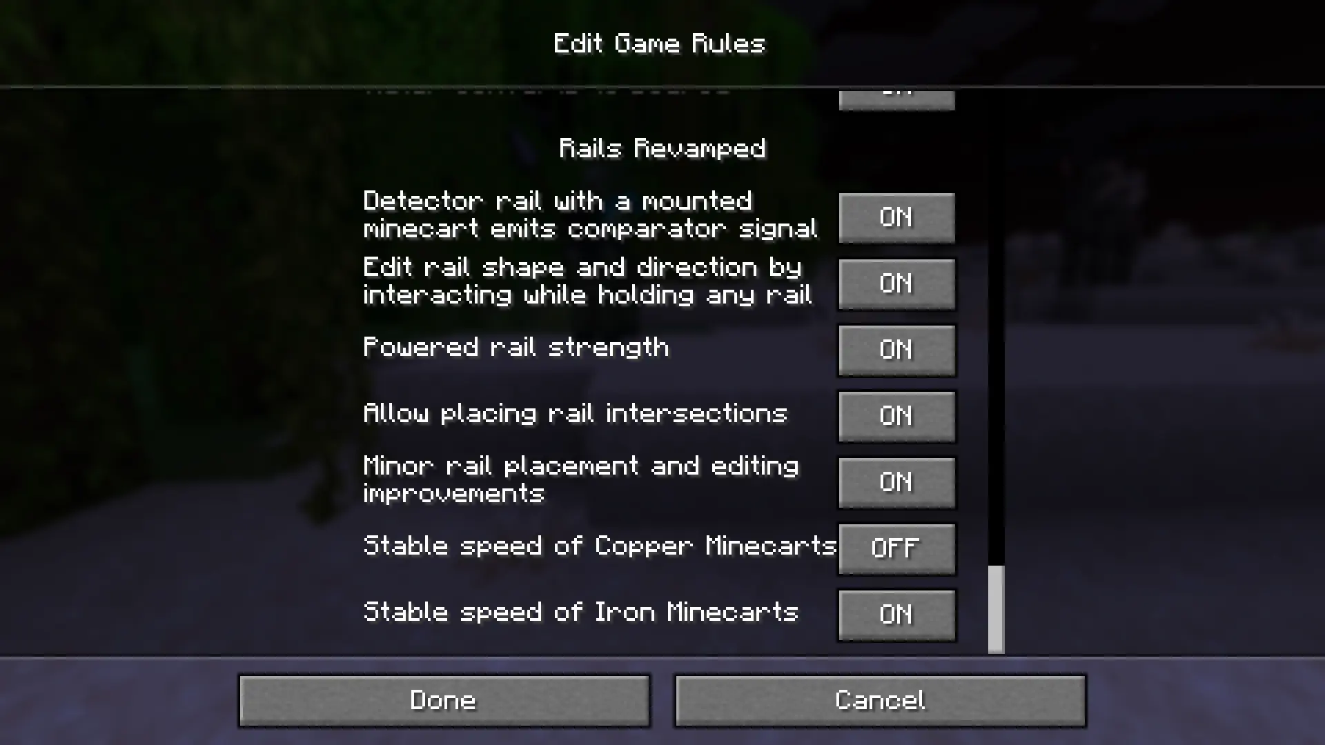 Game rule editing during world creation.