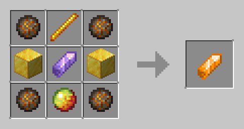 Amethyst shard in center, Four fire charges in the corner, blaze rod top middle, magma cream bottom middle, rest, two gold blocks