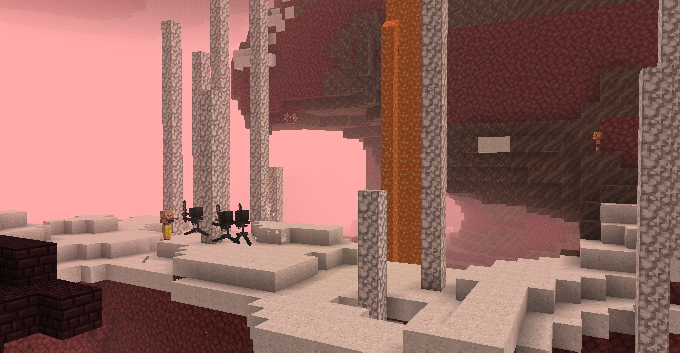 A salt filled biome with spires of salt crystals. There is a gang of wither skeletons attacking a lone piglin.