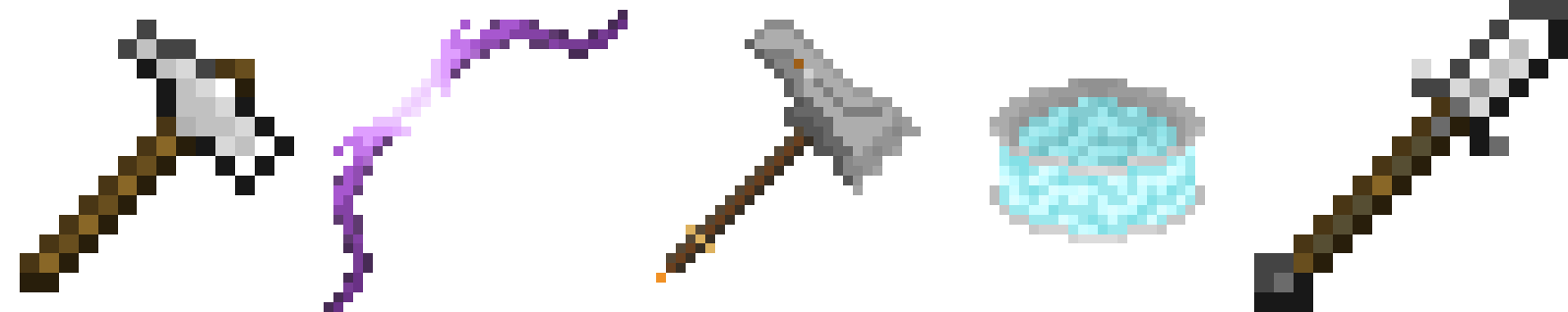 From Left: Iron Throwing Hammer Inventory Sprite, Shadowshot Bow, Hammer of Sol Inventory Sprite, Stormcaller's Bond Inventory Sprite, Iron Glaive