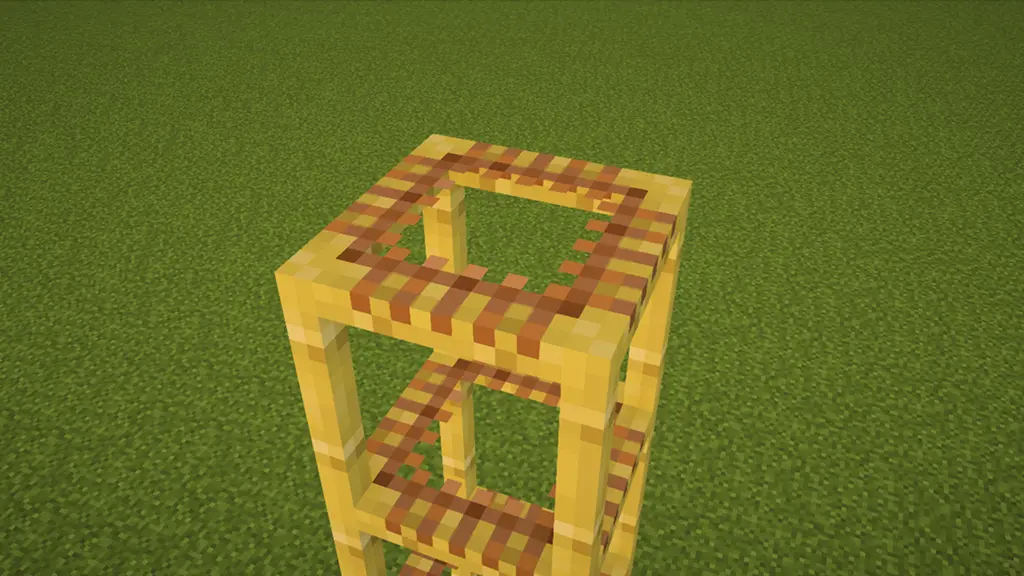 An bird's eye view of a tower of scaffolding in game with the pack enabled. Which is showing how you can see through the tops of the scaffolding from a distance.