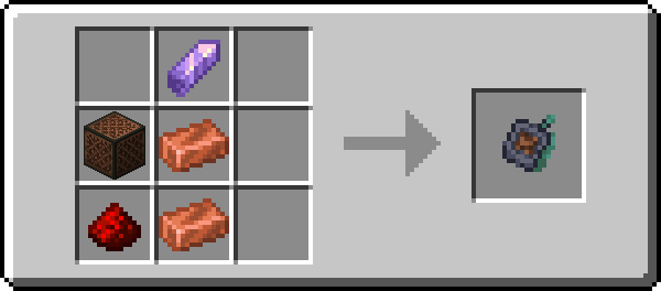 The recipe for the receiver is one redstone, two copper ingots, a noteblock and an amethyst shard.