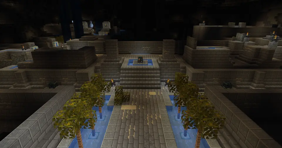 Aerial view of the entrance/anchor room of the Desert Temple structure. Showcasing the branching rooms and aqueducts of the lower floors.