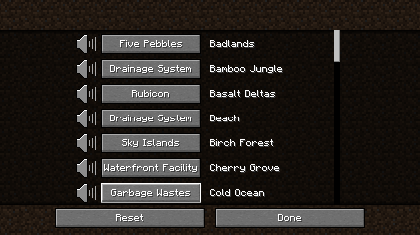 Settings Menu for All Biomes
