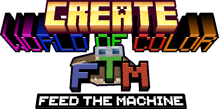 Minecraft logo style, reading CREATE on the top line and WORLD OF COLOR on the bottom, followed by FTM and FEED THE MACHINE