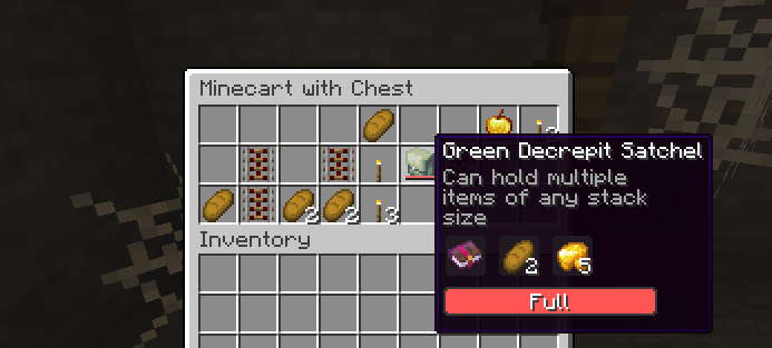 Screenshot of a Mineshaft chest containing a Satchel filled with an enchantment book, 2 pieces of bread and 5 pieces of raw gold.