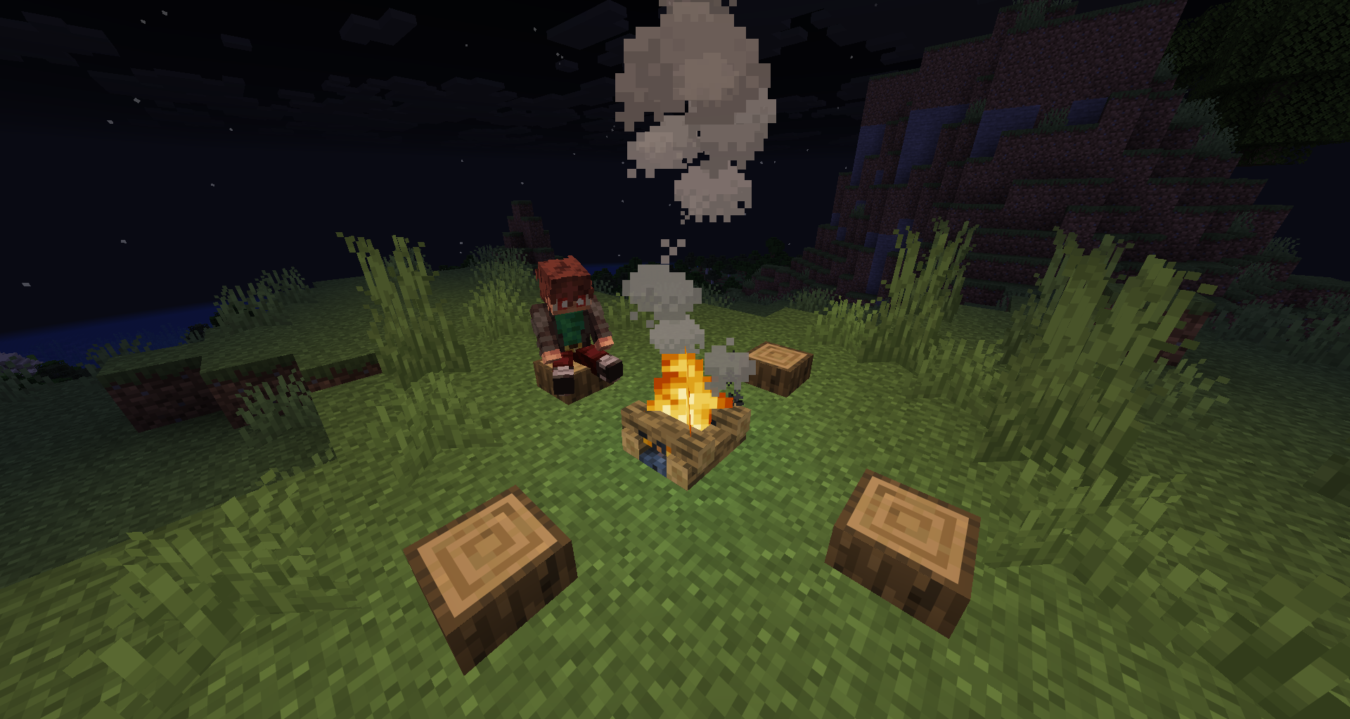 A player sitting on an Oak Stump around a campfire at night