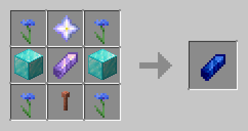 Amethyst shard in center, Four cornflowers in the corner, nether star top middle, lightning rod bottom middle, rest, two diamond blocks