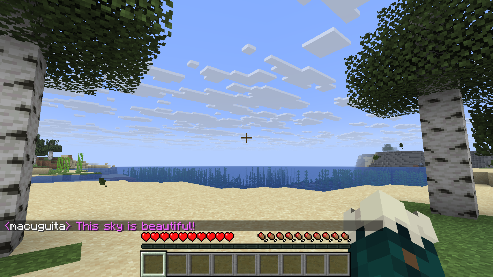 macuguita's username appears on chat as white while his text appears as pink, macuguita says on chat "This sky is beautiful" while looking at the sky