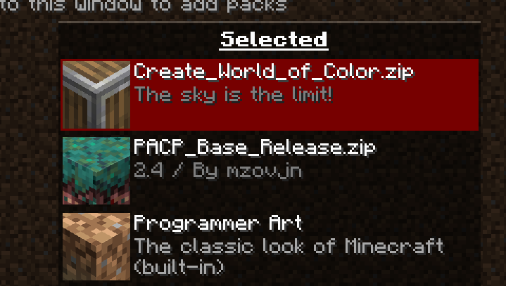 An example of how to order the packs, from bottom to up, being Programmer Art, PACP, and Create: World of Color
