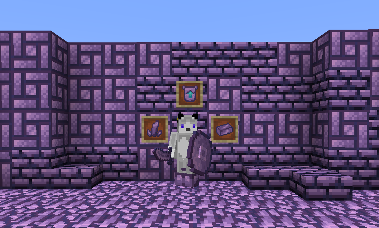 purple crystals and ingots are on the wall in item frames, a model holds a sword and large round shield made of the same stuff.