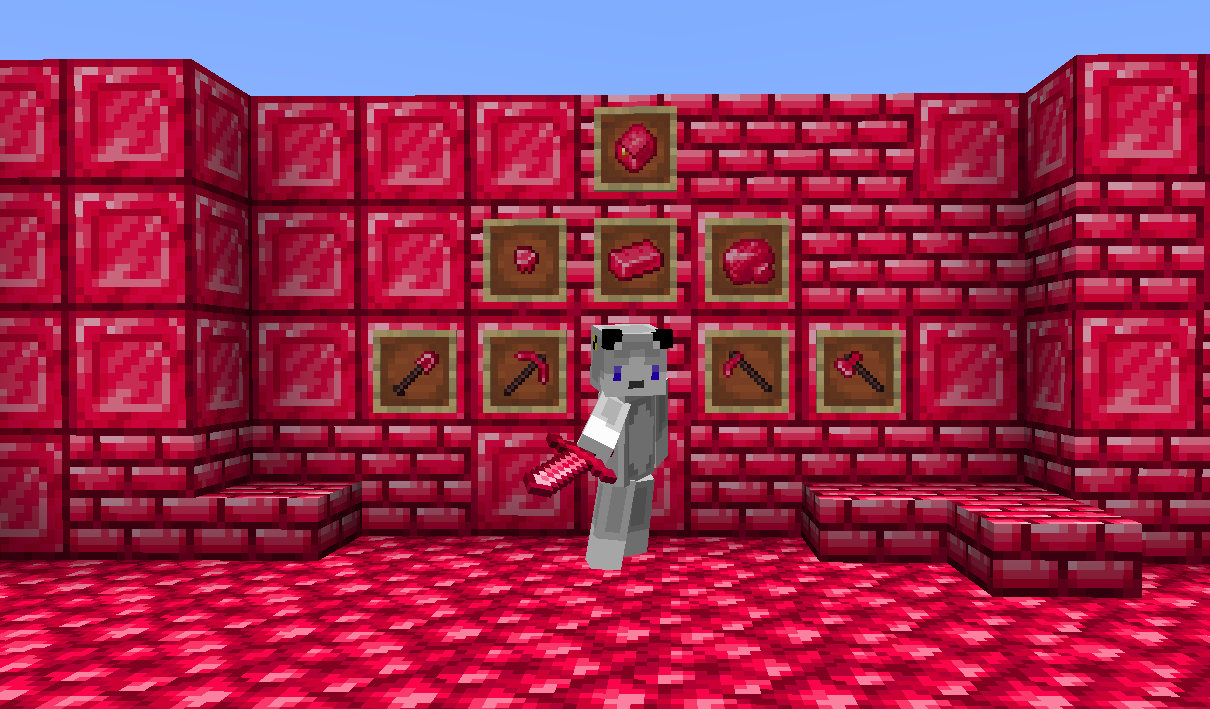 Bright reddish pink tools are on the wall in item frames.