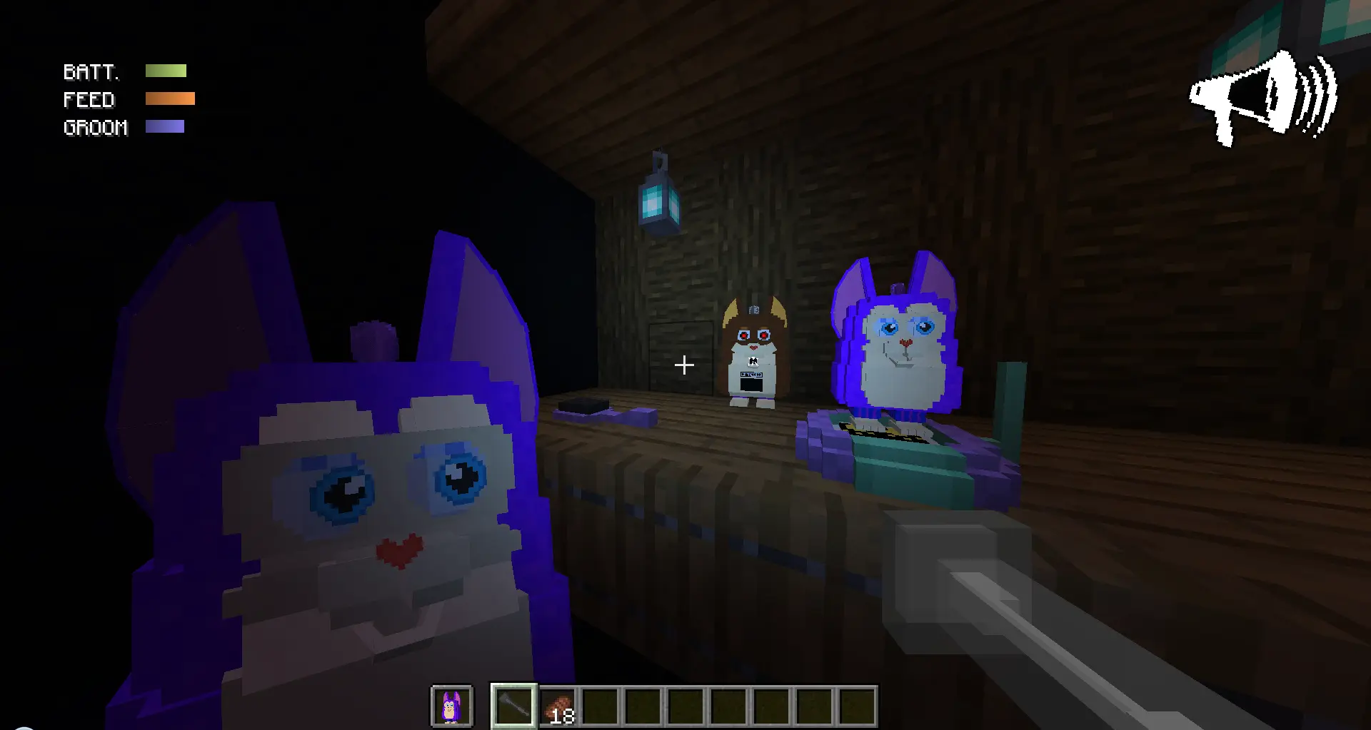 The player holding a Tattletail, showcasing the mod's items/blocks