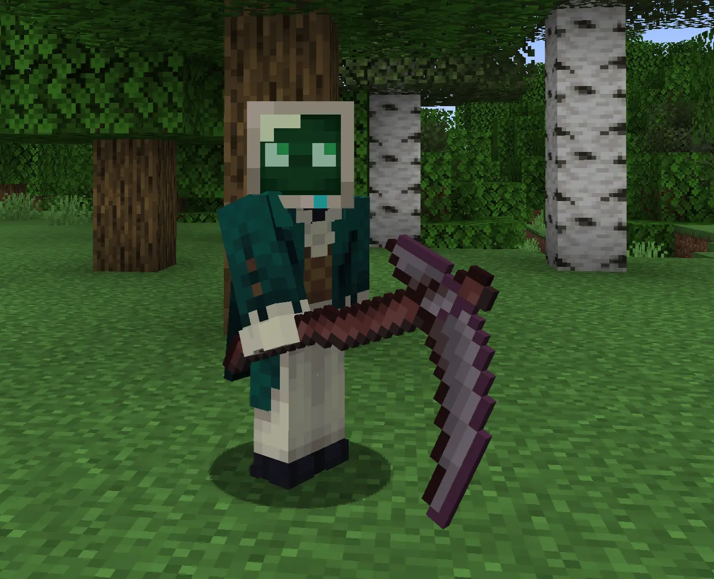 A player holding a netherite scythe