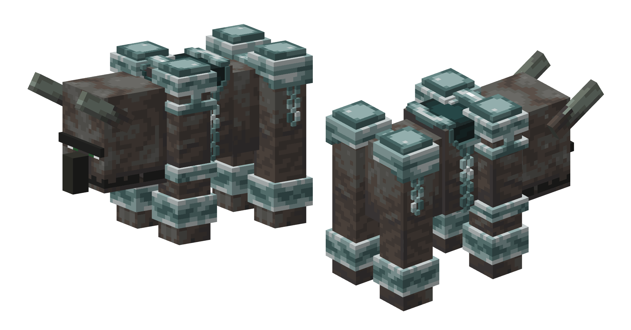A render showing the ravager model from two different angles. The resource pack has been applied.