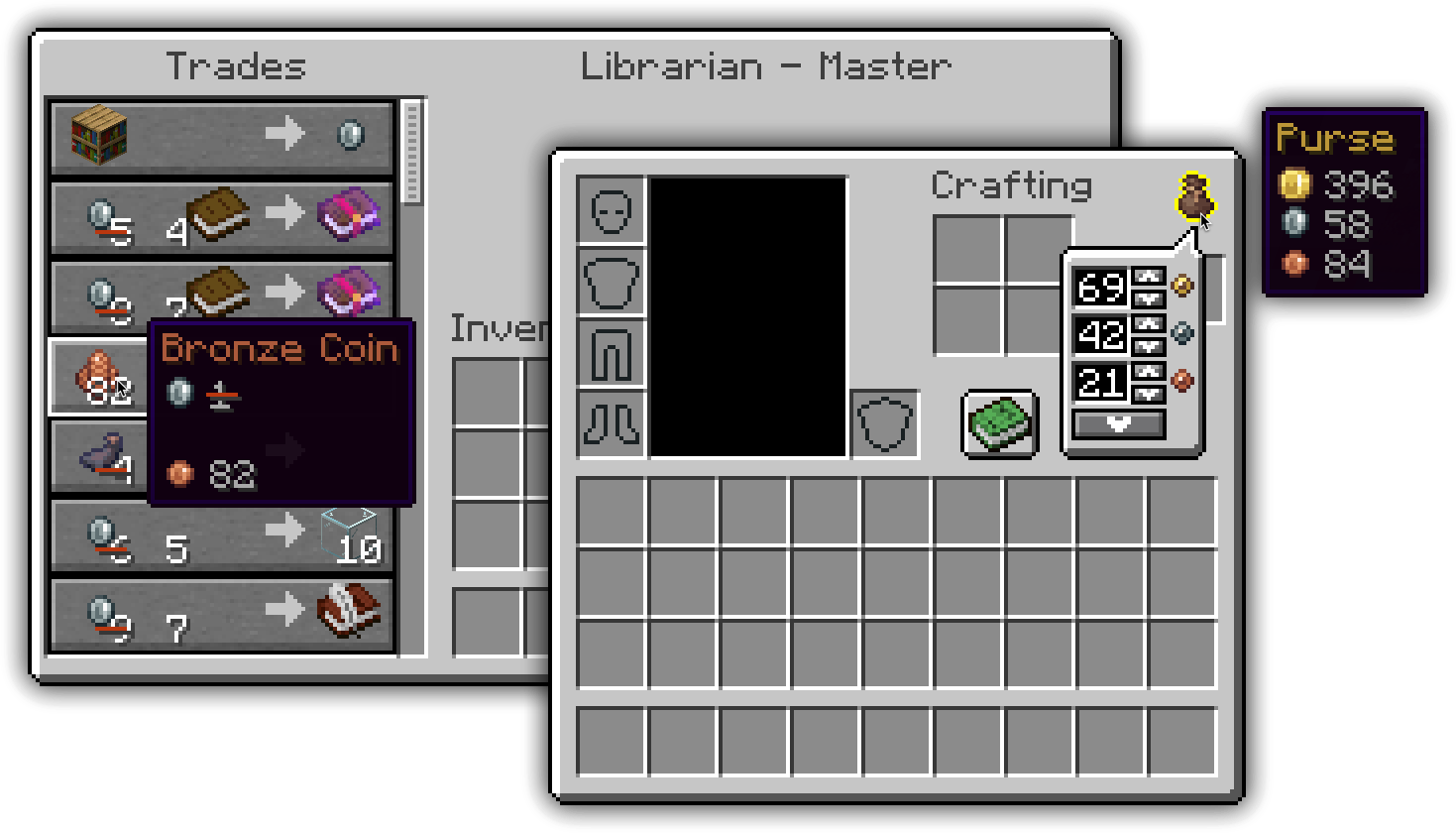 Villager trade screen with a discount on buying an item, and the Purse overlay inside the inventory screen