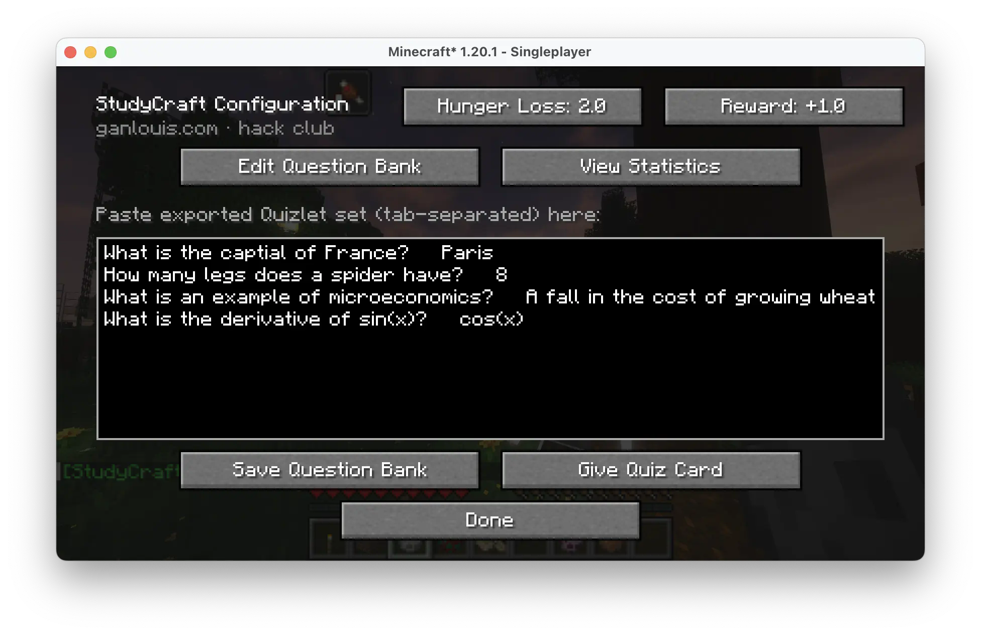 Configuration screen