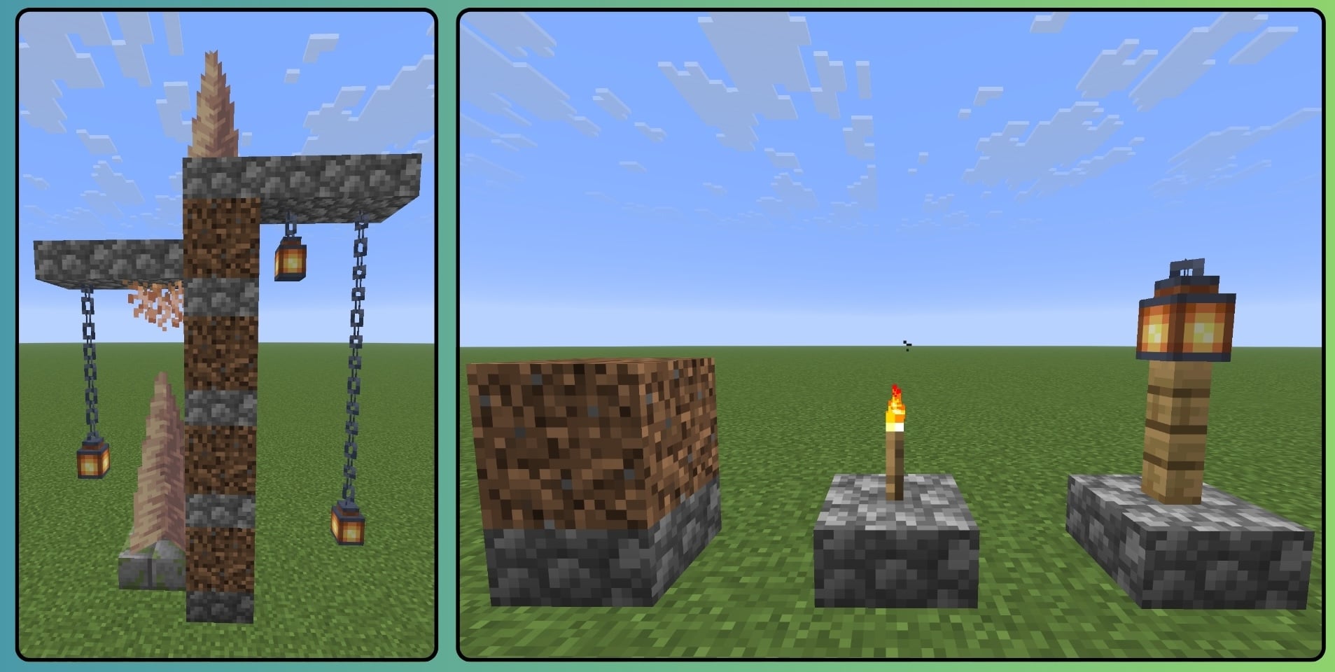 Two side-by-side Minecraft screenshots on a flat grassy world under a blue sky. The left image shows a tall cobblestone structure with staggered slab-height platforms, hanging chains and lanterns, and pointed dripstone. The right image shows three slab-supported examples: a dirt block resting on cobblestone, a torch standing on a cobblestone slab, and a lantern on a fence post set on another cobblestone slab.