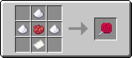 The recipe for a Lollipop, containing three Sugar, one Paper and Red Dye in the center.