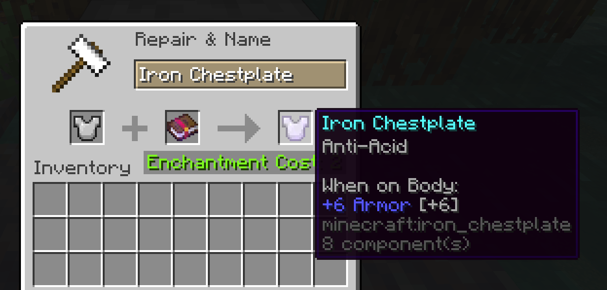 An iron chestplate being enchanted with Anti-Acid at an anvil