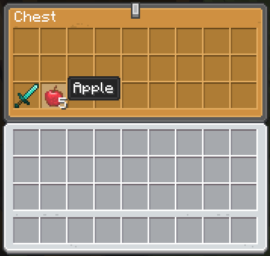 Chest UI thats themed like the chest with a Diamond Sword and 5 Apples on the first 2 slots of the 3rd row with an empty inventory.