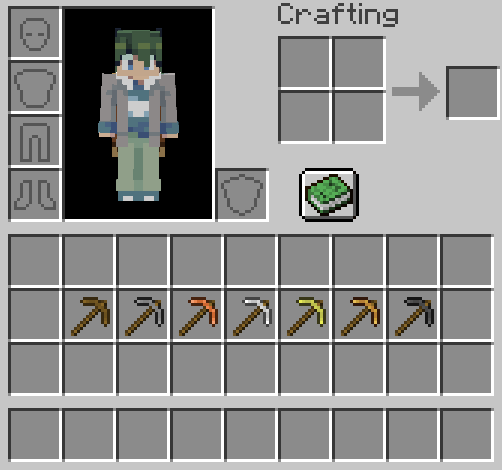 a player's inventory showing all the pickaxes from the progression cycle. A Wooden Pickaxe, A Stone Pickaxe, A Copper Pickaxe, An Iron Pickaxe, A Gold Pickaxe, A Brass Pickaxe, and A Bedrock Pickaxe. It also features a very cool Minecraft skin on a very cool person