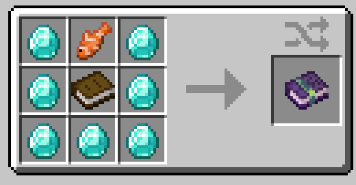 Recipe for a depth strider book costing 7 diamonds, 1 book, and a tropical fish. The tropical fish is the reagent of depth strider