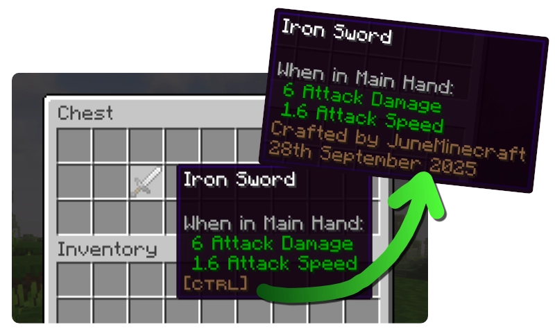 The tooltip for an iron sword with a ctrl prompt
