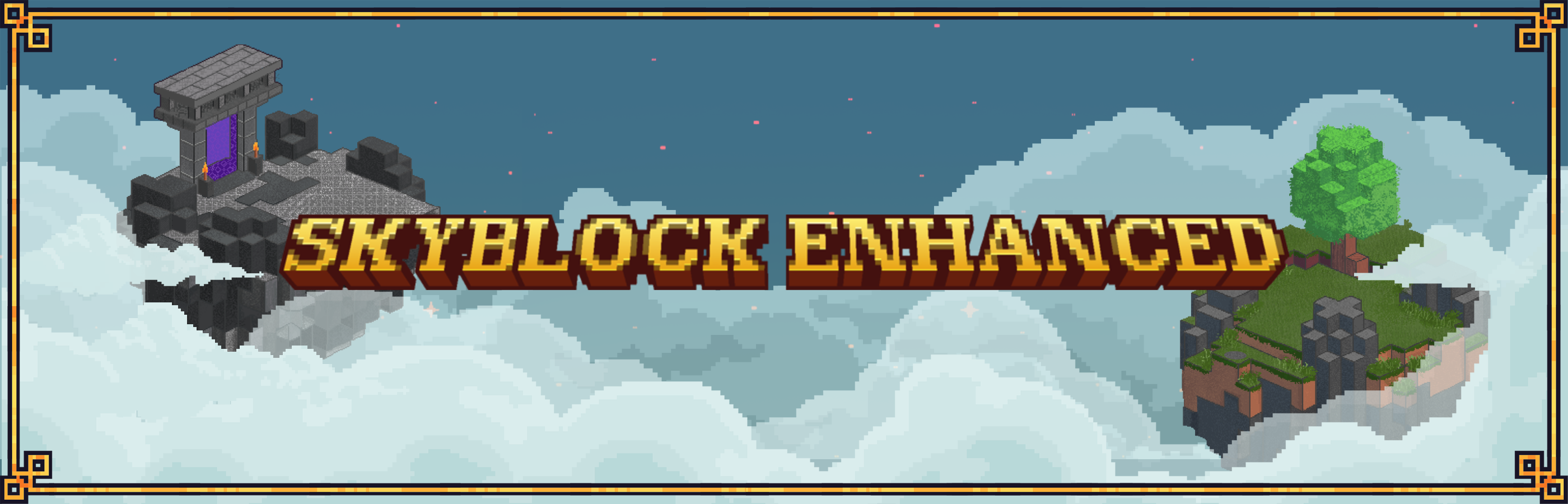 SkyBlock Enhanced banner featuring floating island worlds with a portal structure on the left and a village settlement on the right against a cloudy sky background, with decorative golden corner frames